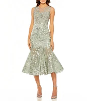 Mac Duggal Sleeveless Embroidered Illusion Ruffle Hem Midi Dress