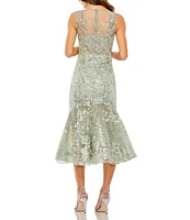 Mac Duggal Sleeveless Embroidered Illusion Ruffle Hem Midi Dress