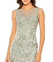 Mac Duggal Sleeveless Embroidered Illusion Ruffle Hem Midi Dress