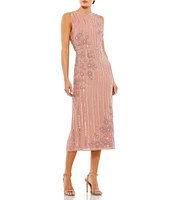 Mac Duggal Sleeveless Floral Beaded Striped Sequin Sheath Midi Dress