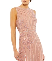 Mac Duggal Sleeveless Floral Beaded Striped Sequin Sheath Midi Dress