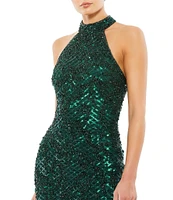 Mac Duggal Sleeveless Halter Neck Beaded Midi Sheath Dress