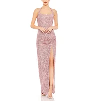 Mac Duggal Sleeveless Halter Square Neck Side Knot Thigh High Slit Sequin Sheath Gown