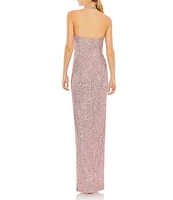 Mac Duggal Sleeveless Halter Square Neck Side Knot Thigh High Slit Sequin Sheath Gown