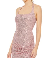 Mac Duggal Sleeveless Halter Square Neck Side Knot Thigh High Slit Sequin Sheath Gown