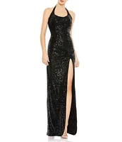 Mac Duggal Sleeveless Halter Square Neck Side Knot Thigh High Slit Sequin Sheath Gown