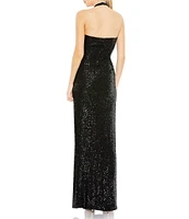 Mac Duggal Sleeveless Halter Square Neck Side Knot Thigh High Slit Sequin Sheath Gown