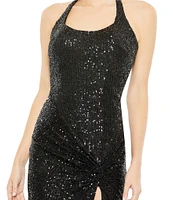 Mac Duggal Sleeveless Halter Square Neck Side Knot Thigh High Slit Sequin Sheath Gown