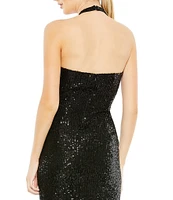 Mac Duggal Sleeveless Halter Square Neck Side Knot Thigh High Slit Sequin Sheath Gown