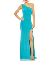 Mac Duggal Sleeveless One Shoulder Thigh High Slit Draped Back Detail Jersey Sheath Gown