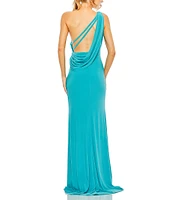 Mac Duggal Sleeveless One Shoulder Thigh High Slit Draped Back Detail Jersey Sheath Gown