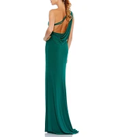 Mac Duggal Sleeveless One Shoulder Thigh High Slit Draped Back Detail Jersey Sheath Gown