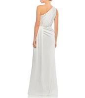 Mac Duggal Sleeveless Pleated One Shoulder Thigh High Slit Satin A-Line Gown