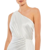 Mac Duggal Sleeveless Pleated One Shoulder Thigh High Slit Satin A-Line Gown