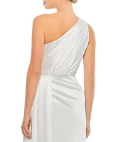Mac Duggal Sleeveless Pleated One Shoulder Thigh High Slit Satin A-Line Gown