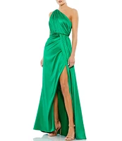 Mac Duggal Sleeveless Pleated One Shoulder Thigh High Slit Satin A-Line Gown