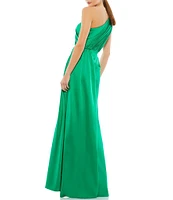 Mac Duggal Sleeveless Pleated One Shoulder Thigh High Slit Satin A-Line Gown