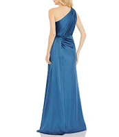 Mac Duggal Sleeveless Pleated One Shoulder Thigh High Slit Satin A-Line Gown