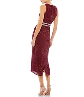 Mac Duggal Sleeveless Sequined Chiffon Midi Dress