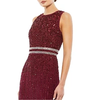 Mac Duggal Sleeveless Sequined Chiffon Midi Dress