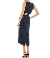 Mac Duggal Sleeveless Sequined Chiffon Midi Dress