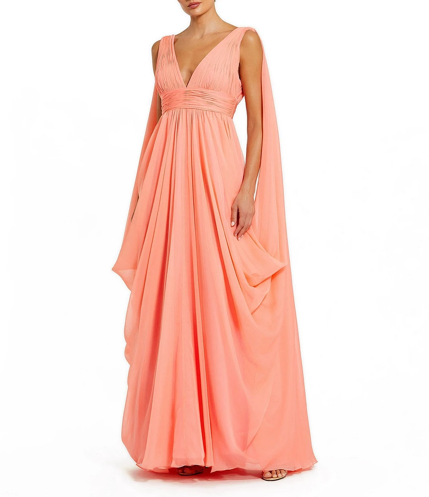 Mac Duggal Sleeveless Shirred Bodice V-Neck Drape Shoulder Chiffon A-Line Gown
