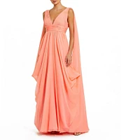 Mac Duggal Sleeveless Shirred Bodice V-Neck Drape Shoulder Chiffon A-Line Gown