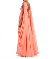 Mac Duggal Sleeveless Shirred Bodice V-Neck Drape Shoulder Chiffon A-Line Gown