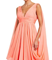 Mac Duggal Sleeveless Shirred Bodice V-Neck Drape Shoulder Chiffon A-Line Gown