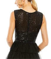 Mac Duggal Sleeveless Tiered Ruffled Sequin Crew Neck Gown