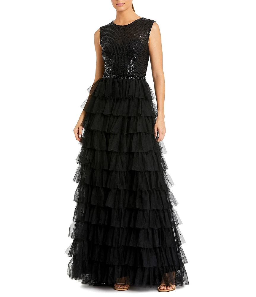 Mac Duggal Sleeveless Tiered Ruffled Sequin Crew Neck Gown