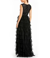 Mac Duggal Sleeveless Tiered Ruffled Sequin Crew Neck Gown