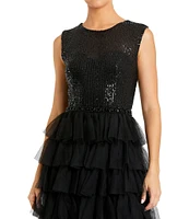 Mac Duggal Sleeveless Tiered Ruffled Sequin Crew Neck Gown