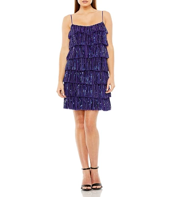 Mac Duggal Spaghetti Strap Tiered Sequin Shift Dress