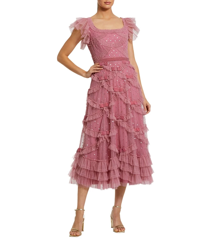 Mac Duggal Square Neck Ruffle Shoulder Dotted Sequined Mesh Micro Ruffle Bow Midi Dress
