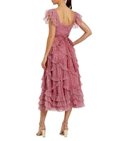 Mac Duggal Square Neck Ruffle Shoulder Dotted Sequined Mesh Micro Ruffle Bow Midi Dress