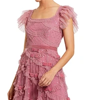 Mac Duggal Square Neck Ruffle Shoulder Dotted Sequined Mesh Micro Ruffle Bow Midi Dress