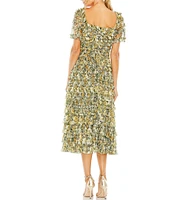 Mac Duggal Square Neck Short Sleeve Micro Ruffle Dress