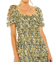Mac Duggal Square Neck Short Sleeve Micro Ruffle Dress