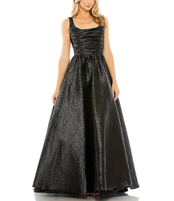 Mac Duggal Square Neck Sleeveless Metallic Pleated Ball Gown