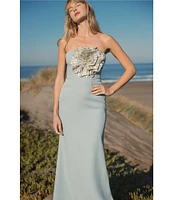 Mac Duggal Strapless 3D Rhinestone Flower Crepe Column Gown
