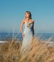 Mac Duggal Strapless 3D Rhinestone Flower Crepe Column Gown