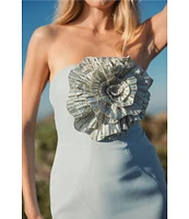 Mac Duggal Strapless 3D Rhinestone Flower Crepe Column Gown