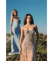 Mac Duggal Strapless 3D Rhinestone Flower Crepe Column Gown