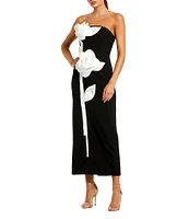 Mac Duggal Strapless 3D Satin Flowers Crepe Sheath Ankle Dress