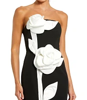 Mac Duggal Strapless 3D Satin Flowers Crepe Sheath Ankle Dress