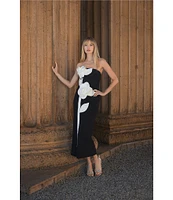 Mac Duggal Strapless 3D Satin Flowers Crepe Sheath Ankle Dress