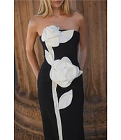 Mac Duggal Strapless 3D Satin Flowers Crepe Sheath Ankle Dress