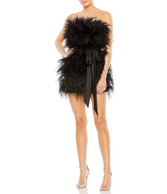 Mac Duggal Strapless Belted Feather Mini Dress