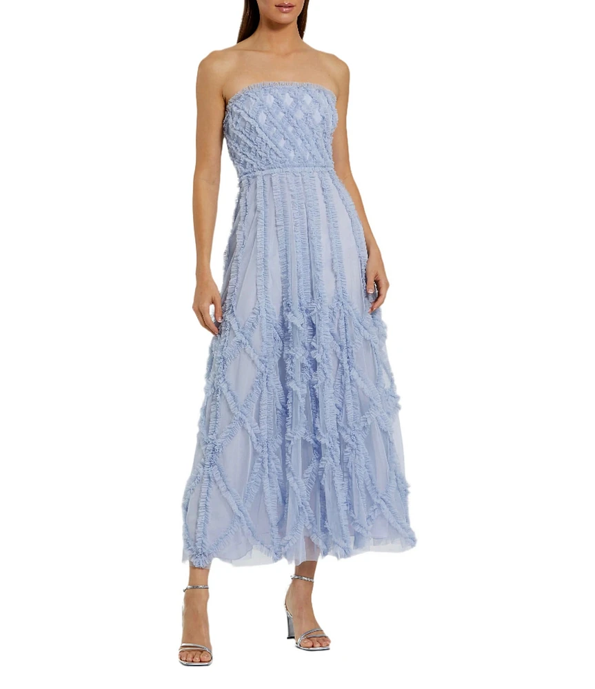 Mac Duggal Strapless Dotted Mesh A-Line Micro Ruffle Midi Dress